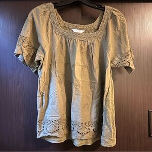 Lucky Brand Embroidered Square Neck Short Flutter Sleeves top